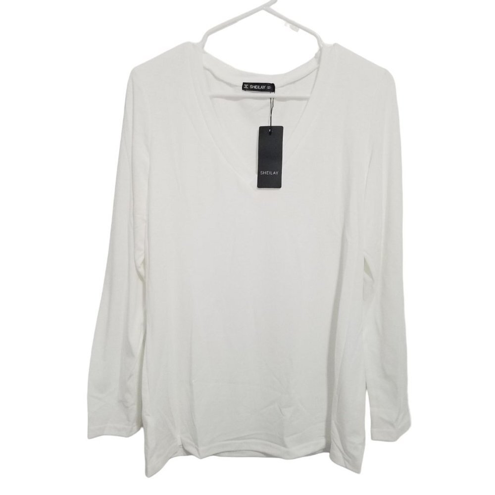 NEW SHEILAY Women's Long Sleeve V Neck Shirt Color White Size‎ L